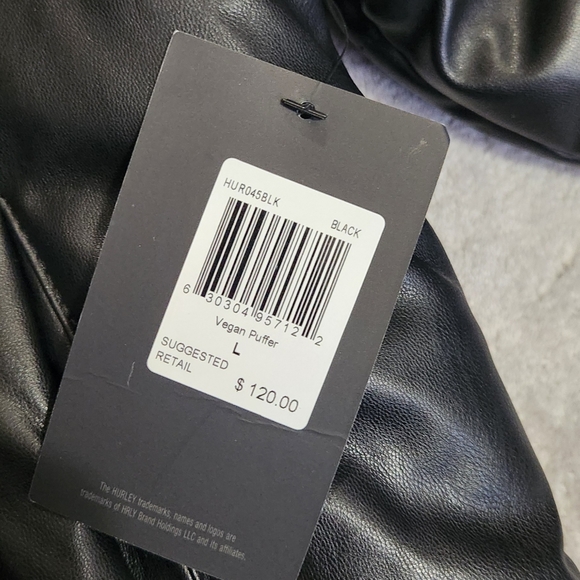 Large Hurley Black Vegan Leather Puffer Coat Jacket - Picture 7 of 8